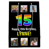 15誕生日:レインボー「15」、写真カスタムと名前 ミディアムペーパーバッグ (裏面)