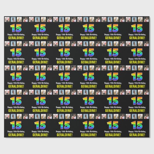 15誕生日:レインボー「15」、写真カスタムと名前 ラッピングペーパー (フラット)