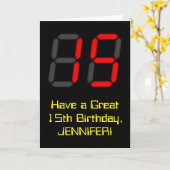 15誕生日:レッドデジタルクロックスタイル"15" +名前 カード (黄色い花)