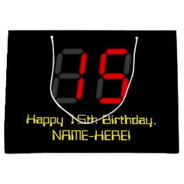 15誕生日：レッドデジタルクロックスタイル"15" +名前 ラージペーパーバッグ