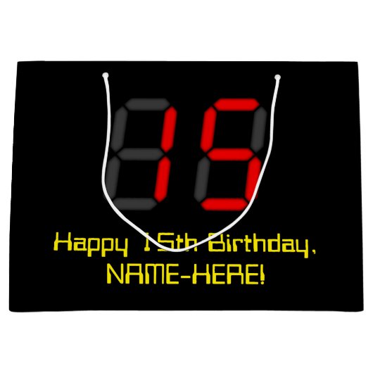 15誕生日:レッドデジタルクロックスタイル"15" +名前 ラージペーパーバッグ (正面)
