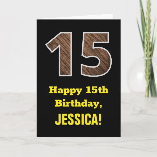 15誕生日:名前フェイク、木目パターン「15」 カード (正面)