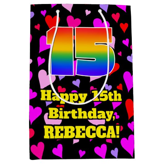 15誕生日:愛するハートパターン、虹# 15 ミディアムペーパーバッグ (正面)