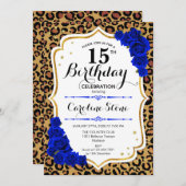 15誕生日- 王室のBlue金ゴールドLeopard Print 招待状 (正面/裏面)