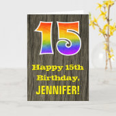 15誕生日:素朴ウッドルックフェイク、虹"15" カード (黄色い花)