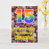 15誕生日、素朴紅葉、レインボー「15」 カード (黄色い花)
