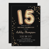 15誕生日-金ゴールドバルーン黒 招待状 (正面/裏面)