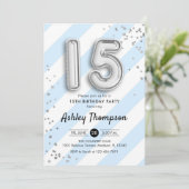 15誕生日 – 青いストライプシルバー風船 招待状 (スタンド正面)