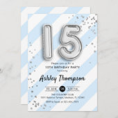 15誕生日 – 青いストライプシルバー風船 招待状 (正面/裏面)