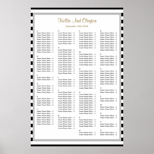 150白/黒ストライプの結婚座席表 ポスター (正面)
