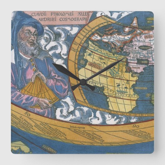 1507年のクラウディウス・プトレミウスによる古地図 スクエア壁時計 (正面)
