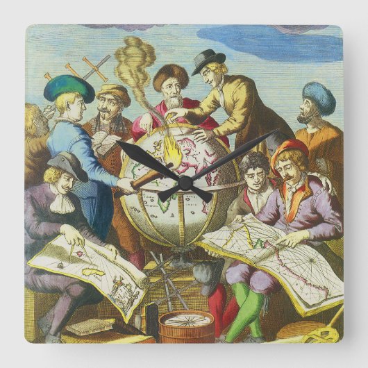 1542年の古地図とヴィンテージの探検家たち スクエア壁時計 (正面)