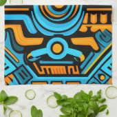 155 青とオレンジの対称パターン キッチンタオル (折り畳み)