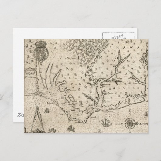 1590年の海岸北カロライナのヴィンテージマップ ポストカード (正面/裏面)