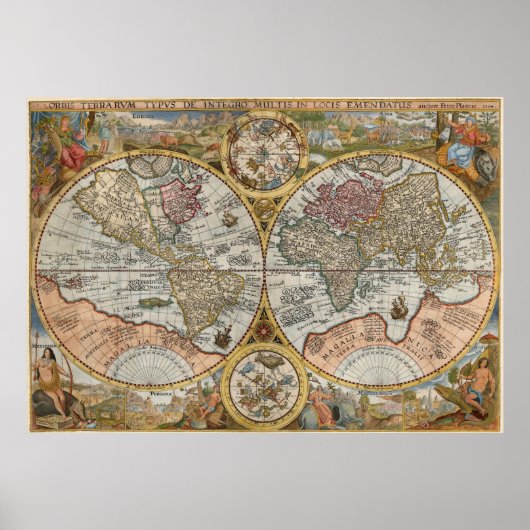 1594年 オルビス・テララム・ティプス 二重半球 世界地図 ポスター (正面)