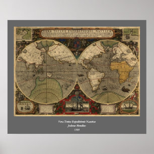 1595年ヴィンテージ世界地図ジョドクス・ホンディウス ポスター