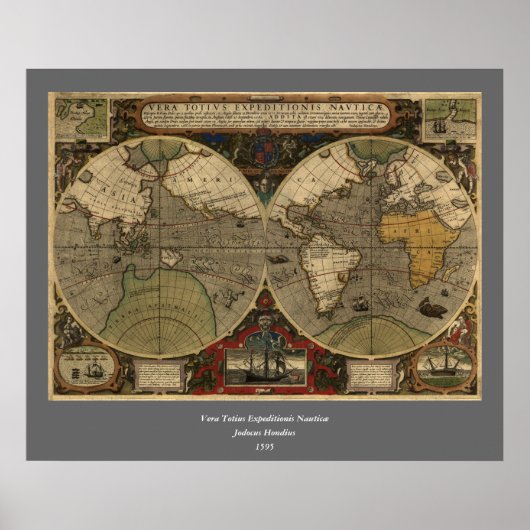 1595年ヴィンテージ世界地図ジョドクス・ホンディウス ポスター (正面)
