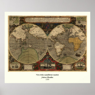 1595年ヴィンテージ世界地図ジョドクス・ホンディウス ポスター