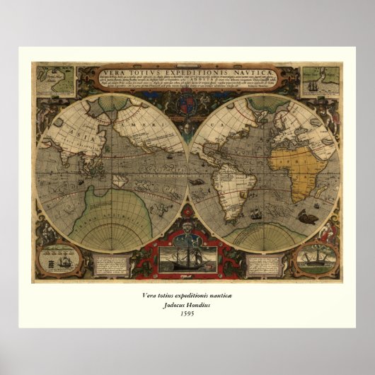 1595年ヴィンテージ世界地図ジョドクス・ホンディウス ポスター (正面)