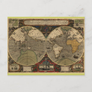 1595年ヴィンテージ世界地図ジョドクス・ホンディウス ポストカード
