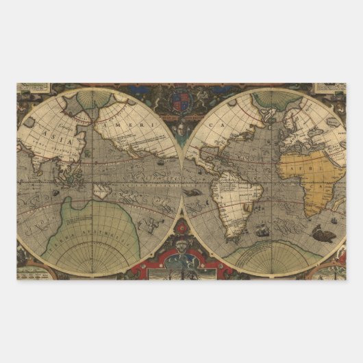 1595年ヴィンテージ世界地図ジョドクス・ホンディウス 長方形シール (正面)