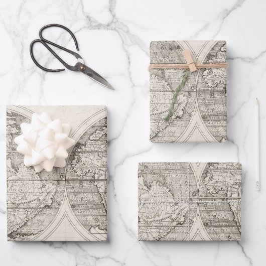 1598ヴィンテージ世界地図ラテン文字図 ラッピングペーパーシート (正面)