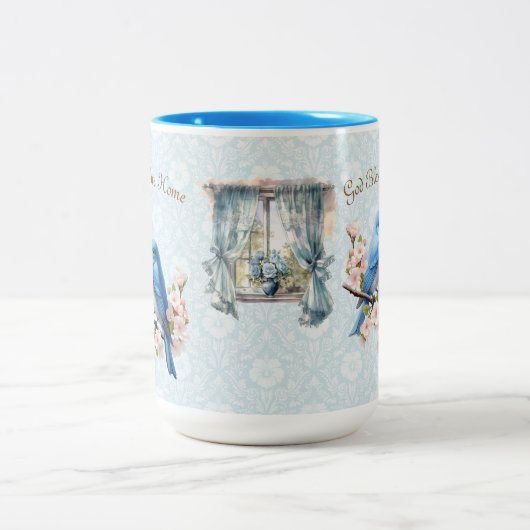 15 oz神は私たちのホームブルーバードダマスクを祝福 ツートーンマグカップ (中央)