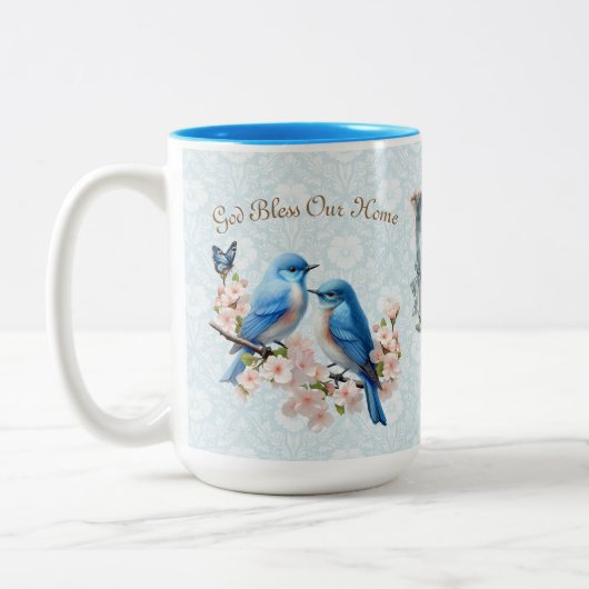 15 oz神は私たちのホームブルーバードダマスクを祝福 ツートーンマグカップ (左)