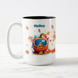 15 oz Fall Coffee Mug, Cool pumpkin with goggles ツートーンマグカップ
