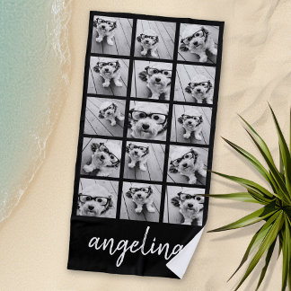 15 Photo Collage with script name -白黒 ビーチタオル