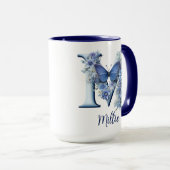 15oz ブルー花柄モノグラムコーヒーマグ マグカップ (正面右)