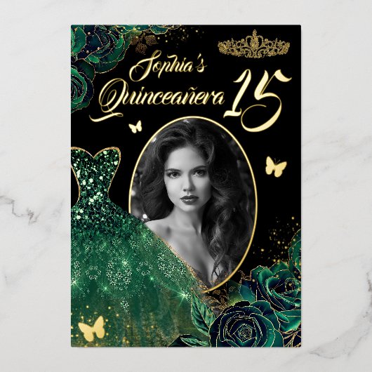 15thエメラルドグリーン金ゴールドフォトキンセアニェラフォイルInv 箔招待状 (正面)