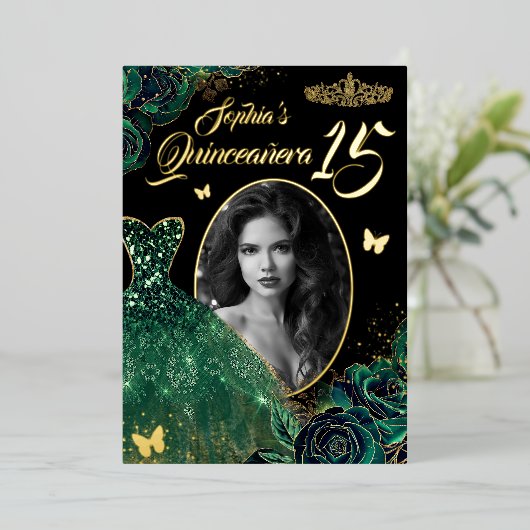 15thエメラルドグリーン金ゴールドフォトキンセアニェラフォイルInv 箔招待状 (立ち正面)