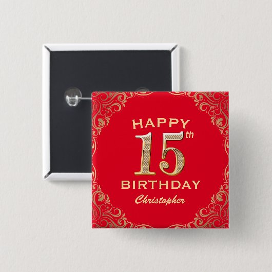 15thバースデーパーティードレッドと金ゴールドグリッターフレーム 缶バッジ (正面&裏面)