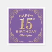 15thバースデーパーティーパープルと金ゴールドグリッターフレーム スタンダードカクテルナプキン (正面)