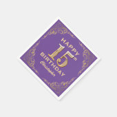 15thバースデーパーティーパープルと金ゴールドグリッターフレーム スタンダードカクテルナプキン (角)