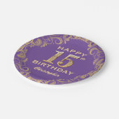 15thバースデーパーティーパープルと金ゴールドグリッターフレーム ペーパープレート (アングル)