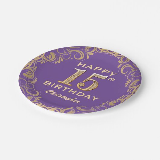 15thバースデーパーティーパープルと金ゴールドグリッターフレーム ペーパープレート (アングル)