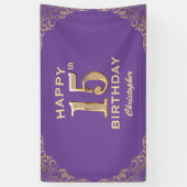 15thバースデーパーティーパープルと金ゴールドグリッターフレーム 横断幕 (縦)