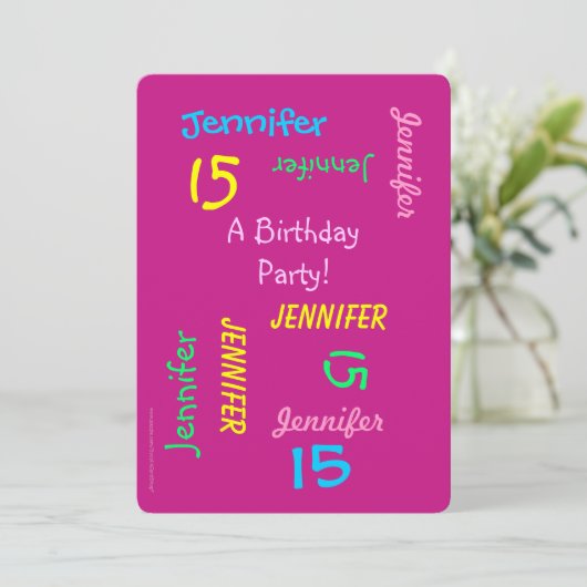 15thバースデーパーティー熱いピンクの名パーソナライズされた前 招待状 (スタンド正面)