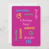 15thバースデーパーティー熱いピンクの名パーソナライズされた前 招待状 (正面)