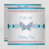 15thホワイトティール(緑がかった色)ブルーピンクバタフライ誕生日 招待状 (正面/裏面)