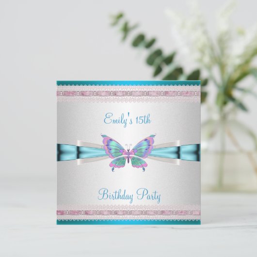 15thホワイトティール（緑がかった色）ブルーピンクバタフライ誕生日 招待状 (スタンド正面)