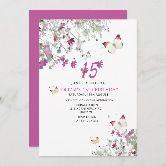 15th紫の薄紫蝶の誕生日招待状 案内状 (正面/裏面)