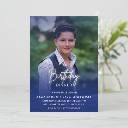 15th誕生日の招待誕生日ディナーフォトメンズ 招待状 (スタンド正面)
