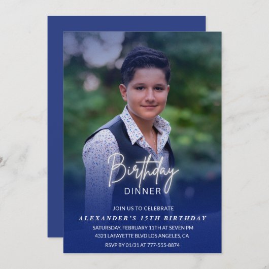 15th誕生日の招待誕生日ディナーフォトメンズ 招待状 (正面/裏面)