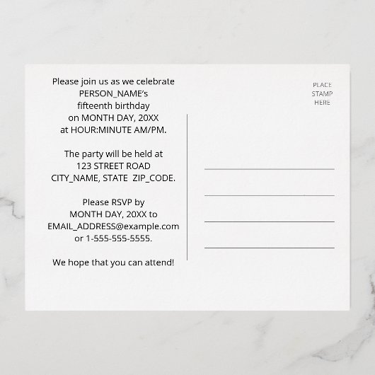 15th誕生日パーティーはっきりした:, カラフル Fireworks Look 箔招待状ポストカード (裏面)