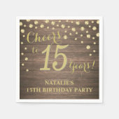 15th誕生日パーティーウッド素朴と金ゴールドダイヤモンド スタンダードカクテルナプキン (正面)