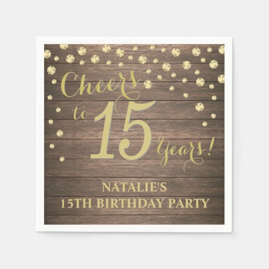 15th誕生日パーティーウッド素朴と金ゴールドダイヤモンド スタンダードカクテルナプキン (正面)