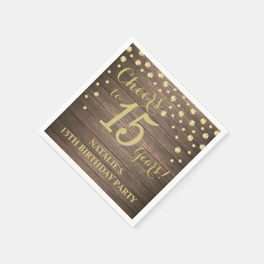 15th誕生日パーティーウッド素朴と金ゴールドダイヤモンド スタンダードカクテルナプキン (角)